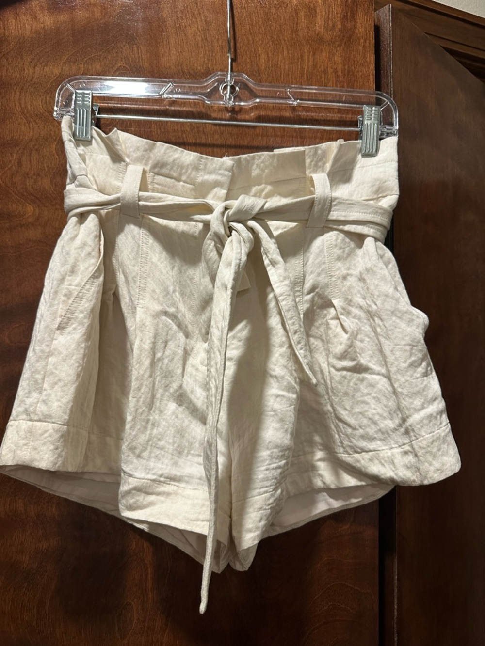 A.L.C. High-Waist Cream Tie-Belt Linen Shorts